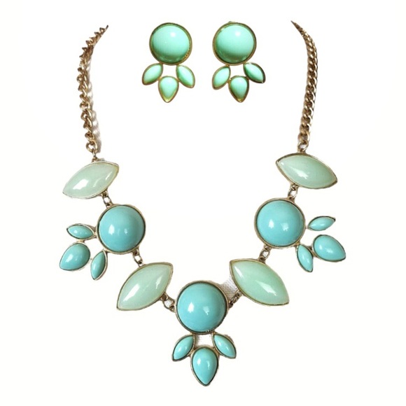 Teal Cabochon Statement Necklace & Earrings Set Gold Tone Chain Jewelry Vintage - Picture 4 of 15